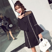 Load image into Gallery viewer, Women Korean Autumn Fashion Dresses Femme Mesh Stitching Sexy Stand Collar Black Vestidos Chic Flare Sleeve Elegant A-line Skirt