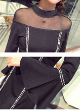 Load image into Gallery viewer, Women Korean Autumn Fashion Dresses Femme Mesh Stitching Sexy Stand Collar Black Vestidos Chic Flare Sleeve Elegant A-line Skirt