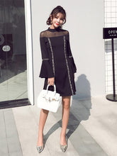 Load image into Gallery viewer, Women Korean Autumn Fashion Dresses Femme Mesh Stitching Sexy Stand Collar Black Vestidos Chic Flare Sleeve Elegant A-line Skirt
