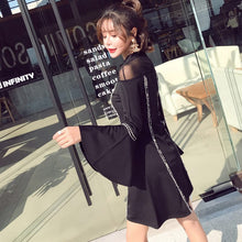 Load image into Gallery viewer, Women Korean Autumn Fashion Dresses Femme Mesh Stitching Sexy Stand Collar Black Vestidos Chic Flare Sleeve Elegant A-line Skirt