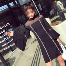 Load image into Gallery viewer, Women Korean Autumn Fashion Dresses Femme Mesh Stitching Sexy Stand Collar Black Vestidos Chic Flare Sleeve Elegant A-line Skirt
