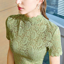 Load image into Gallery viewer, Women Lace Blouse Shirts Summer Elegant Floral Embroidery Short Sleeve Turtleneck Lace Shirt Tops Female See-through Blouses