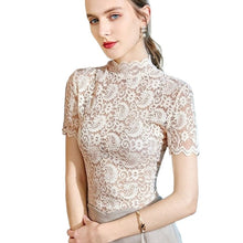 Load image into Gallery viewer, Women Lace Blouse Shirts Summer Elegant Floral Embroidery Short Sleeve Turtleneck Lace Shirt Tops Female See-through Blouses
