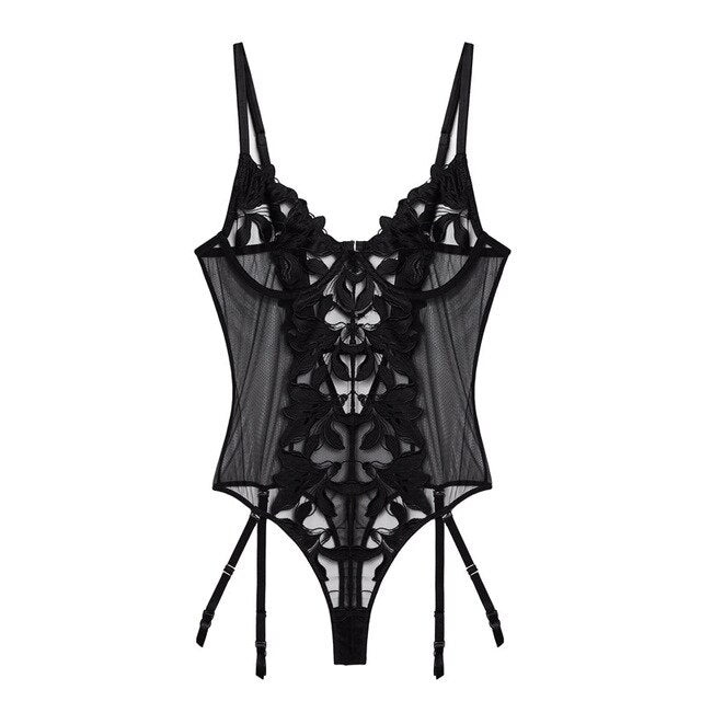 Women Lace Bodysuit Embroidery Bodys Lingerie Garter Transparent Deep V Neck Bra Femlae Sexy Bodys Mesh Dot Bodycon Top