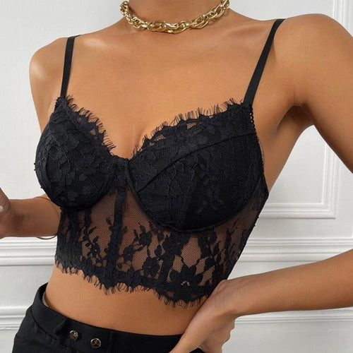 Women Lace Summer Crop Tops Sexy Spaghetti Straps Camis Female See Through Corset Tops Floral Surface Mesh Camisole Bustier Top