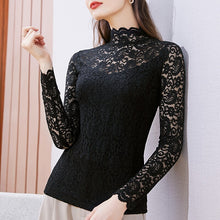 Load image into Gallery viewer, Women Lace Tops New 2021 Spring Long Sleeve Hollow out T-Shirt Elegant Slim Turtleneck Lady Shirt Plus Size Women Blusas