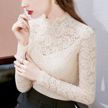 Load image into Gallery viewer, Women Lace Tops New 2021 Spring Long Sleeve Hollow out T-Shirt Elegant Slim Turtleneck Lady Shirt Plus Size Women Blusas