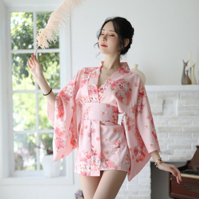 Women Lady Sexy Dress Tunic Yukata Japanese Style Cherry Blossom Kimono Uniform Temptation