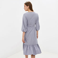 Load image into Gallery viewer, Women Lantern Sleeve Ruffled Dress Casual O Neck Sashes Solid Dress 2020 Spring Summer Knee-Length Elegant A Line Party Dresses