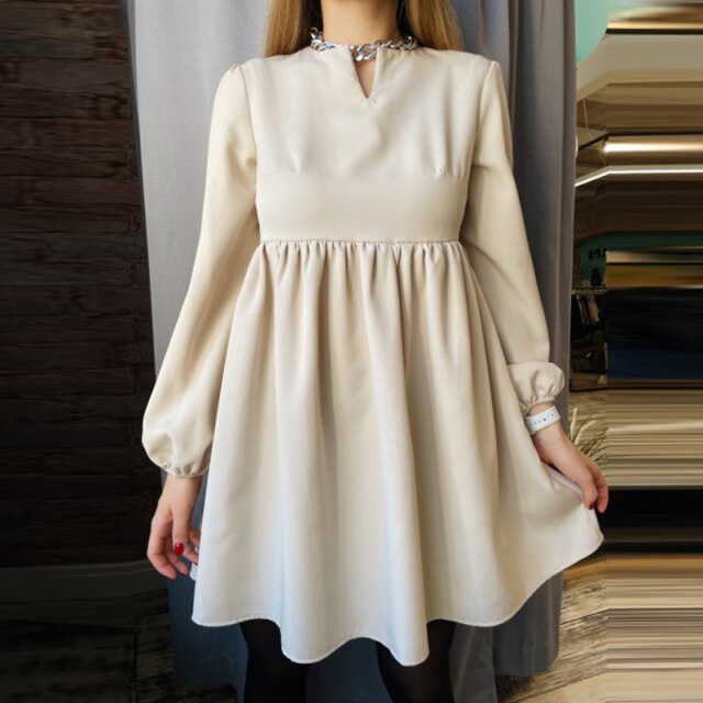 Women Lantern Sleeve Sweet Dress Casual High Waist Loose Mini Solid Color Dresses Female 2022 New Spring Fashion Party Dresses