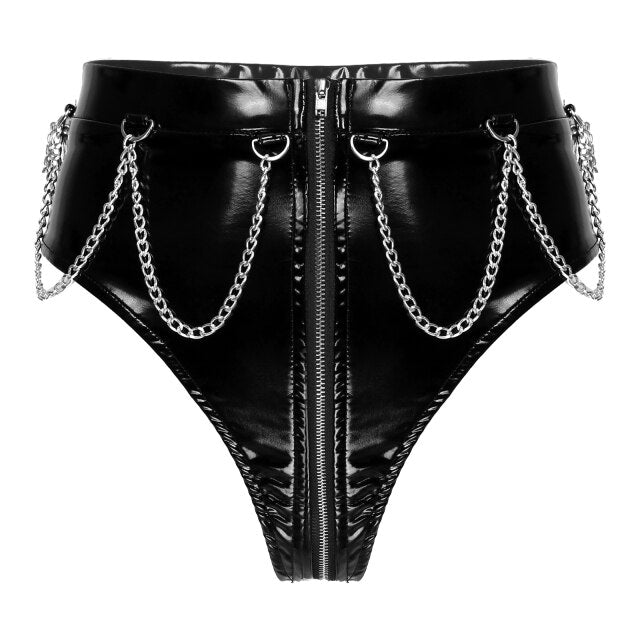 Women Latex Underwear Sexy Lingerie Female Wetlook Patent Leather Micro Bikini Briefs Zipper Crotch Metal Chain Sissy Panties