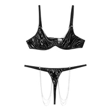 Load image into Gallery viewer, Women Leather Hot Porno Lingerie Set Underwire Metal Chain Bra Hollow Out Thong Garter Set Sexy Women Hot Erotic Underwear Sets