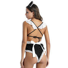 Load image into Gallery viewer, Women Lingerie Sexy Maid Outfit Straps Self Tie Back Hollow Out Lace Lingerie with Apron and Hair Hoop Set Maid Cosplay Costume