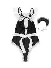 Load image into Gallery viewer, Women Lingerie Sexy Maid Outfit Straps Self Tie Back Hollow Out Lace Lingerie with Apron and Hair Hoop Set Maid Cosplay Costume