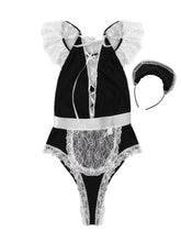 Load image into Gallery viewer, Women Lingerie Sexy Maid Outfit Straps Self Tie Back Hollow Out Lace Lingerie with Apron and Hair Hoop Set Maid Cosplay Costume