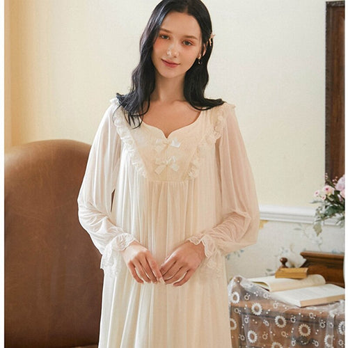 Women Long Nightgowns white Sleepwear Sexy Lace Nightdress Vintage Nightwear Lingerie Homewear Suit Palace Style Elegant Floral