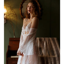 Load image into Gallery viewer, Women Long Sheer Nigthgowns Lingerie with Robe Embroidery Beautiful Lace White Bathrobe Sexy Kawaii Pajamas Dress