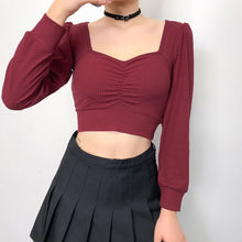 Load image into Gallery viewer, Women Long Sleeve Crop Tops Sexy Square Collar Basic Solid Black Lady Casual Tshirt Sexy Off Shoulder T Shirts Summer Autumn Top