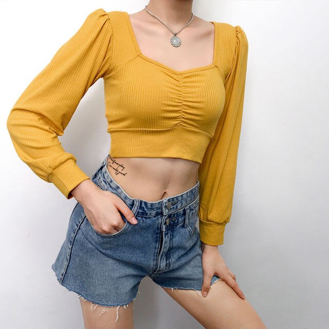 Women Long Sleeve Crop Tops Sexy Square Collar Basic Solid Black Lady Casual Tshirt Sexy Off Shoulder T Shirts Summer Autumn Top