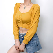 Load image into Gallery viewer, Women Long Sleeve Crop Tops Sexy Square Collar Basic Solid Black Lady Casual Tshirt Sexy Off Shoulder T Shirts Summer Autumn Top