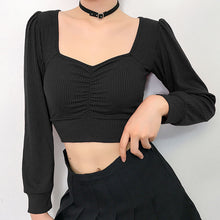 Load image into Gallery viewer, Women Long Sleeve Crop Tops Sexy Square Collar Basic Solid Black Lady Casual Tshirt Sexy Off Shoulder T Shirts Summer Autumn Top
