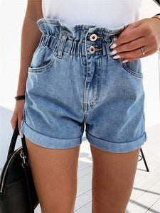 Women Loose High Waist Denim Shorts Summer Casual Fashion Roll Up Hem Elastic Waist Pocket Ladies Jeans Short Pants Clothes