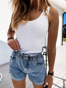 Women Loose High Waist Denim Shorts Summer Casual Fashion Roll Up Hem Elastic Waist Pocket Ladies Jeans Short Pants Clothes