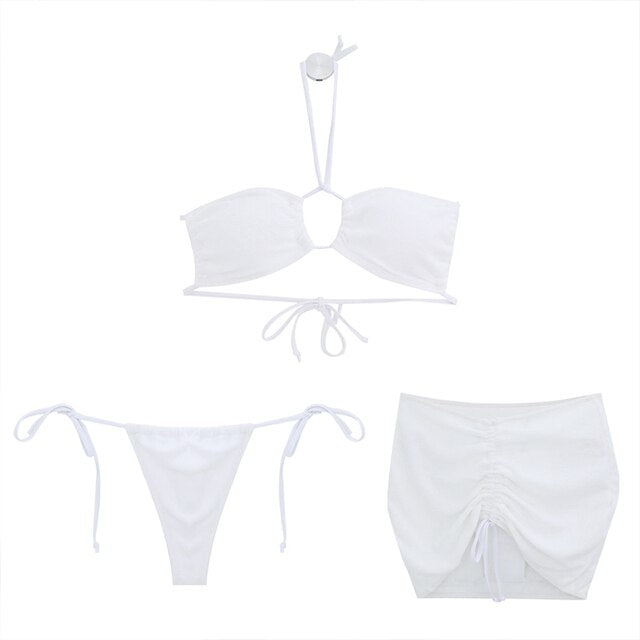 Women Low Waist Bikini Set 3sets Swimwear Korea Style Biquinis Padded Two Pieces Swimsuit Sexy Bathing Suit