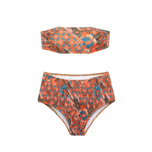 Women Mid Waist Bikini Set Bandeau Print Micro Biquini Padded Two Pieces Swimsuit Sexy Bathing Suit Korea Style