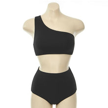 Load image into Gallery viewer, Women Mid Waist Bikini Set Single Shoulder Swimwear Solid Biquini Padded Korea Style Swimsuit Sexy Bathing Suit