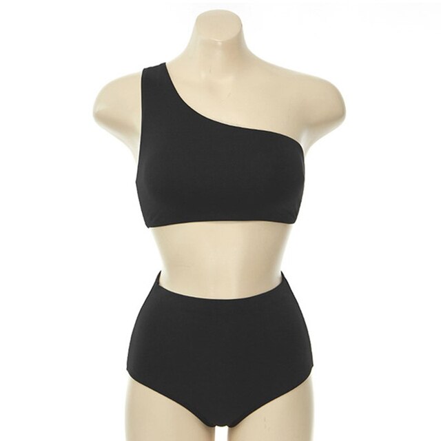 Women Mid Waist Bikini Set Single Shoulder Swimwear Solid Biquini Padded Korea Style Swimsuit Sexy Bathing Suit