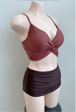 Load image into Gallery viewer, Women Mid Waist Tummy Control Bikini Set Solid Twisted Front Biquini Padded Two Pieces Swimsuit Sexy Bathing Suit Korea Style