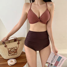 Load image into Gallery viewer, Women Mid Waist Tummy Control Bikini Set Solid Twisted Front Biquini Padded Two Pieces Swimsuit Sexy Bathing Suit Korea Style