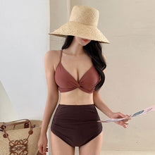 Load image into Gallery viewer, Women Mid Waist Tummy Control Bikini Set Solid Twisted Front Biquini Padded Two Pieces Swimsuit Sexy Bathing Suit Korea Style