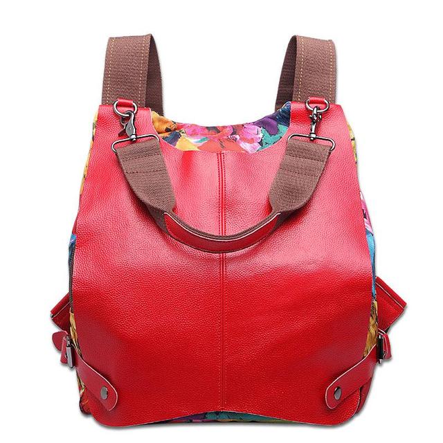 Women Multifunctional Genuine Leather Backpack Travel Casual Canvas Backpack Floral Rucksack Large School Bag For Teen Mochila