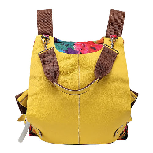 Women Multifunctional Genuine Leather Backpack Travel Casual Canvas Backpack Floral Rucksack Large School Bag For Teen Mochila