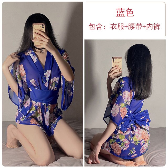 Women New Sexy Lingerie Sexy Blue Perspective Floral Print Kimonos Dress Chiffon V-neck Dress+thong Japanese Cosplay Nightdress