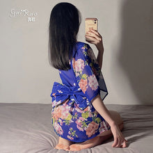 Load image into Gallery viewer, Women New Sexy Lingerie Sexy Blue Perspective Floral Print Kimonos Dress Chiffon V-neck Dress+thong Japanese Cosplay Nightdress
