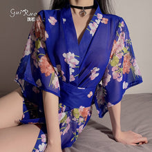Load image into Gallery viewer, Women New Sexy Lingerie Sexy Blue Perspective Floral Print Kimonos Dress Chiffon V-neck Dress+thong Japanese Cosplay Nightdress