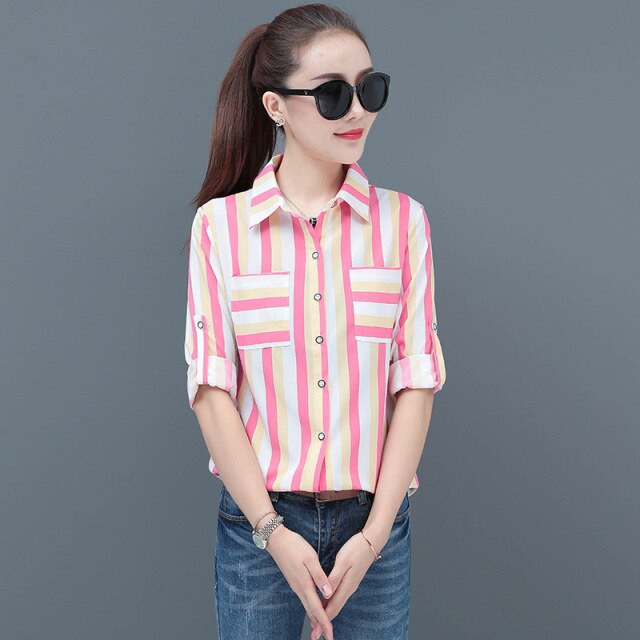 Women New Style Striped Long-sleeved Shirts Lady Casual Party Blouse