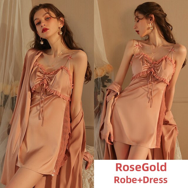 Women Night Dress Pajamas Sets Plush Sexy Lace Sleepwear Silk Robe Lingerie Bathrobe Camisolas Nightgown Lounge Summer SleepTops