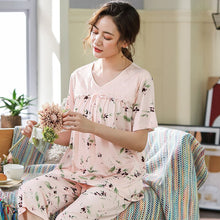 Load image into Gallery viewer, Women Nightwear Loose Home Wear Summer New 2PCS Shirt&amp;Pants Home Clothes Female Flower Pajamas Set Cotton Modal Sleepwear M-XXXL