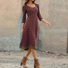 Load image into Gallery viewer, Women O Neck Slim A-Line Dress New Fashion Vintage Printed Lady Party Dress Spring Autumn Casual 3/4 Sleeve Vacation Midi Dress