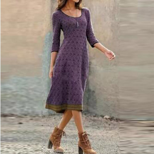 Women O Neck Slim A-Line Dress New Fashion Vintage Printed Lady Party Dress Spring Autumn Casual 3/4 Sleeve Vacation Midi Dress