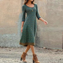 Load image into Gallery viewer, Women O Neck Slim A-Line Dress New Fashion Vintage Printed Lady Party Dress Spring Autumn Casual 3/4 Sleeve Vacation Midi Dress