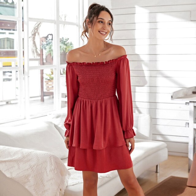 Women Off The Shoulder Ruffle Mini Dress Sexy Backless Slash Neck Long Sleeve Dress Summer Sweet High Waist Solid Color Dresses