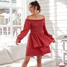 Load image into Gallery viewer, Women Off The Shoulder Ruffle Mini Dress Sexy Backless Slash Neck Long Sleeve Dress Summer Sweet High Waist Solid Color Dresses