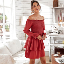 Load image into Gallery viewer, Women Off The Shoulder Ruffle Mini Dress Sexy Backless Slash Neck Long Sleeve Dress Summer Sweet High Waist Solid Color Dresses