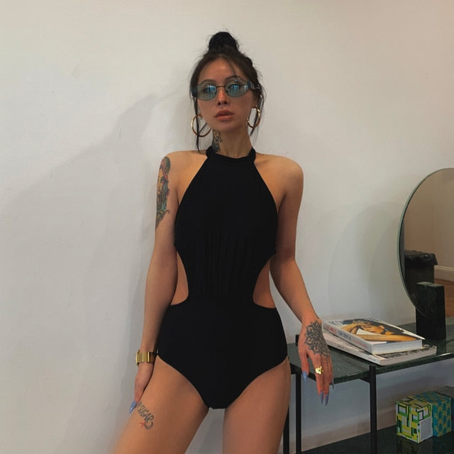 Women One Piece Swimwear Padded Bathing Suit Bandage Straps Monokini Cut Out Swim Suit Korea Style Solid Swimsuit