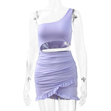 Load image into Gallery viewer, Women One Shoulder Mini Bodycon Summer Dress Club Hollow Out Ruched Backless White Purple Party Ruffle Bandage Women Sexy Dress